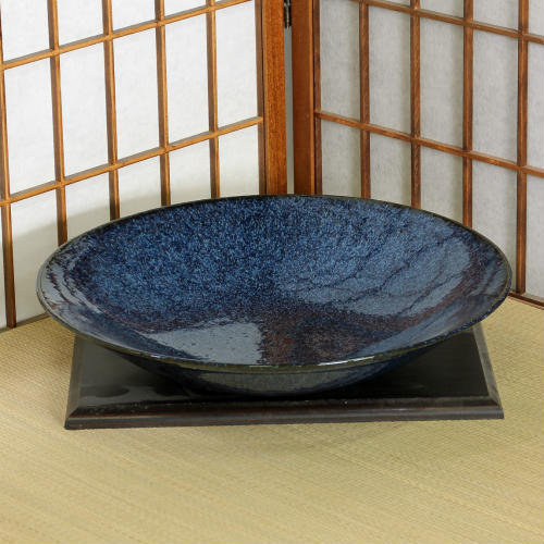 信楽焼 水盤 花器 13号 藍 斑点 ソリ 丸 陶器 池坊 嵯峨御流 生け花