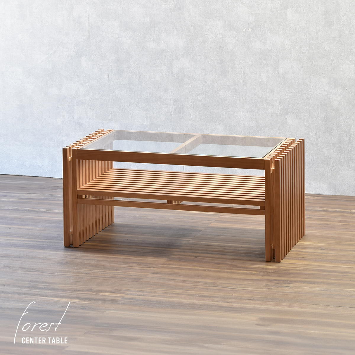 FOREST フォレスト センターテーブル ガラス天板 無垢材 縦格子 FOCT