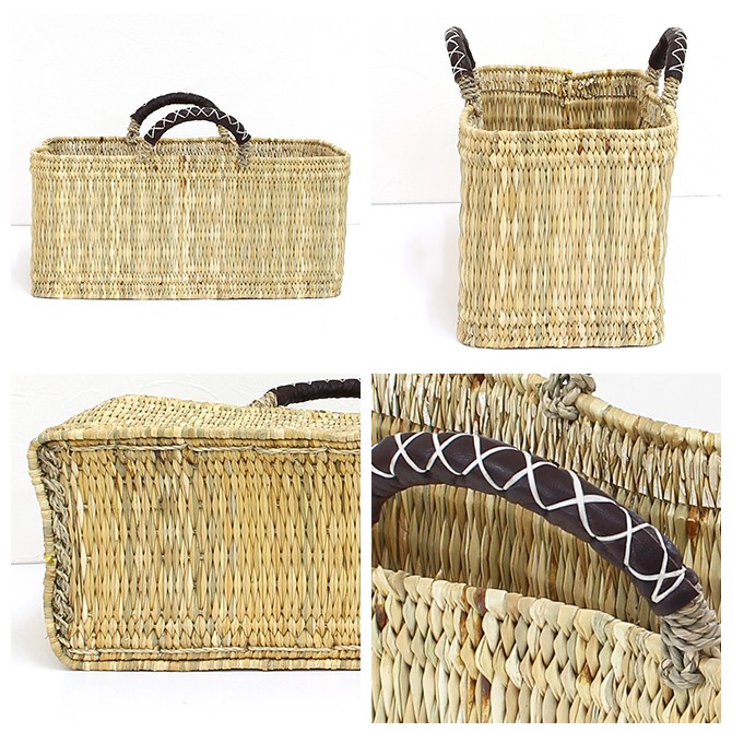 松野屋 かご ストロー 革手横長 カゴ Lサイズ/モロッコ バスケット