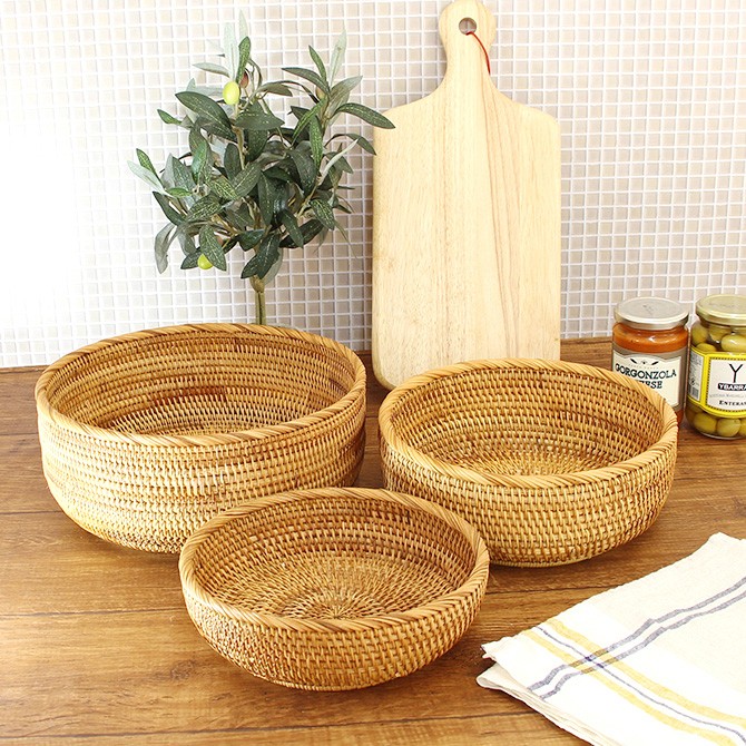 ベトナムラタン製 アジアン ボウル型バスケット L/M/S 3個セット