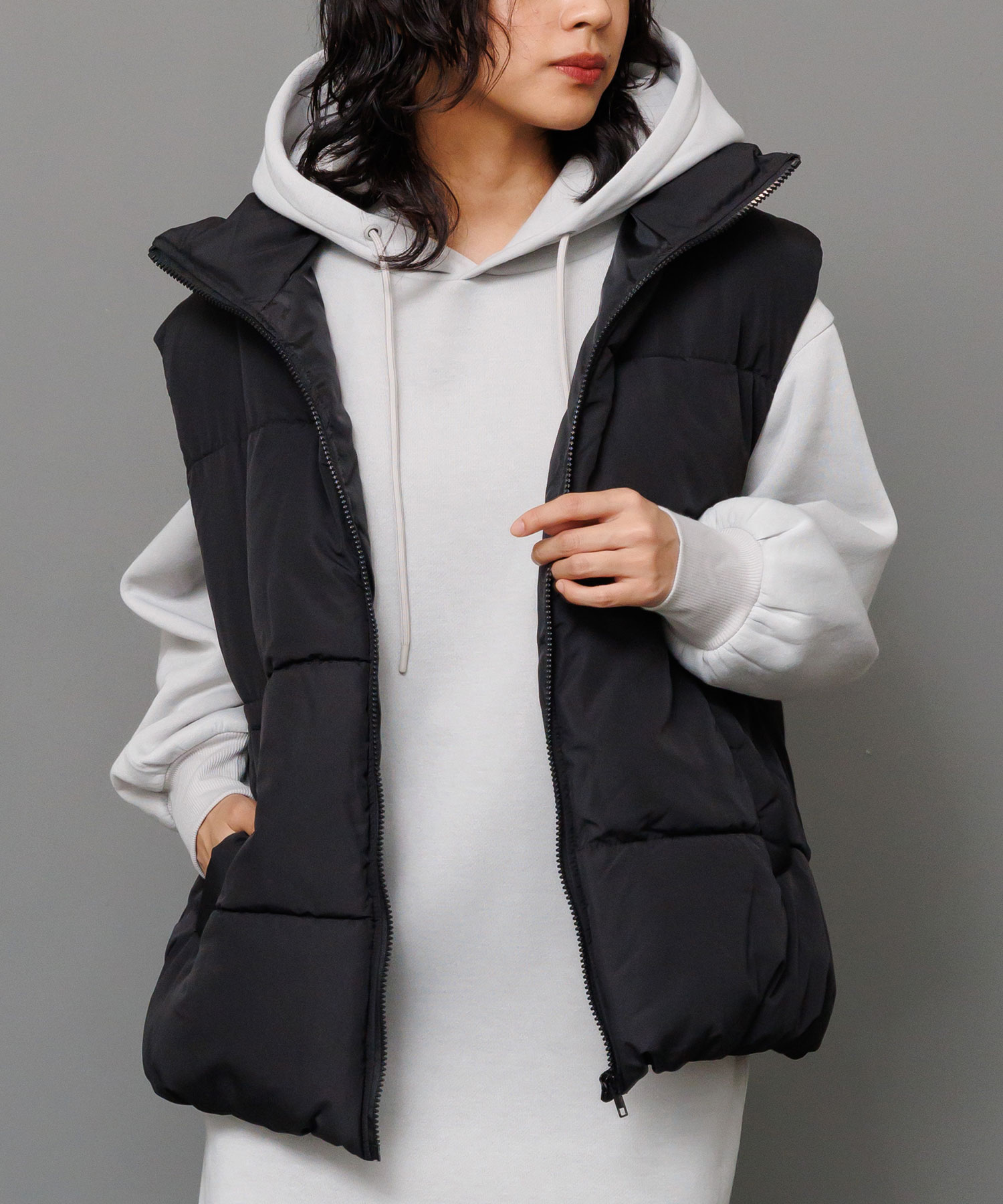 スタンドカラーフェイクダウンベスト レディース アウター ポイント