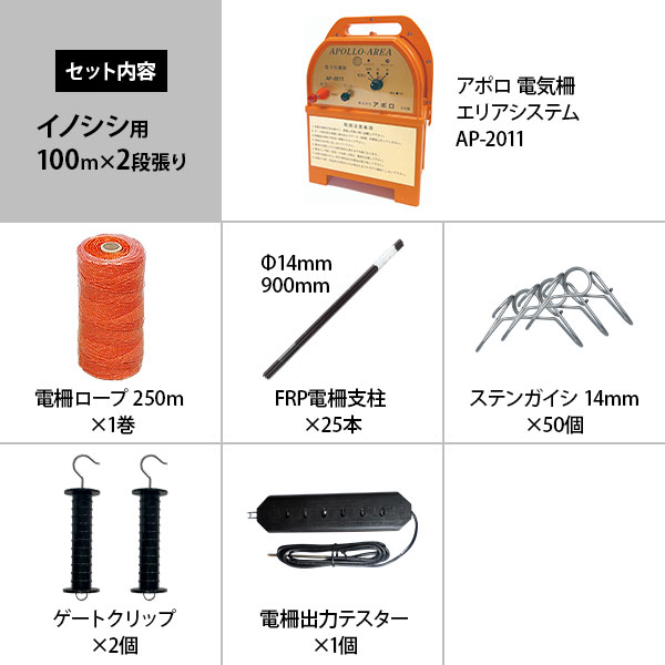 アポロ 電気柵 イノシシ用 100m×2段張りセット FRP支柱仕様 (エリア
