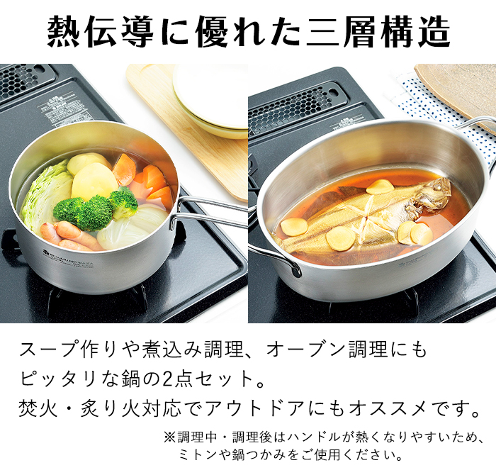 よこやま 鍋セット ステンレス フタ付 IH対応 片手鍋 18cm オーバル