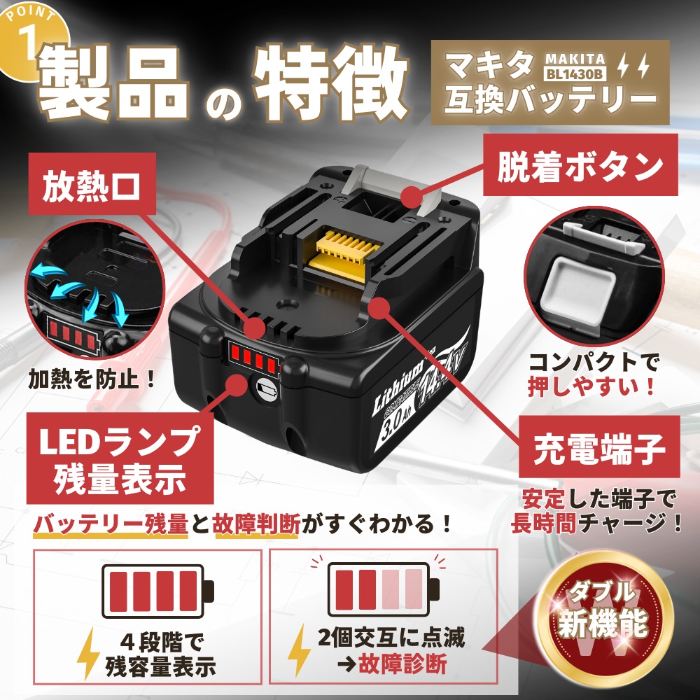マキタ（makita） 互換 14.4V バッテリー BL1430B 3.0Ah LED残量表示