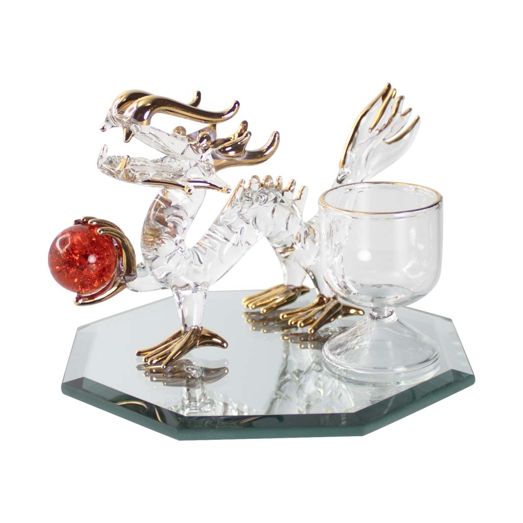 龍の置物 必勝 愛情運玉持ち ガラス細工 八角鏡 水盃セット 風水