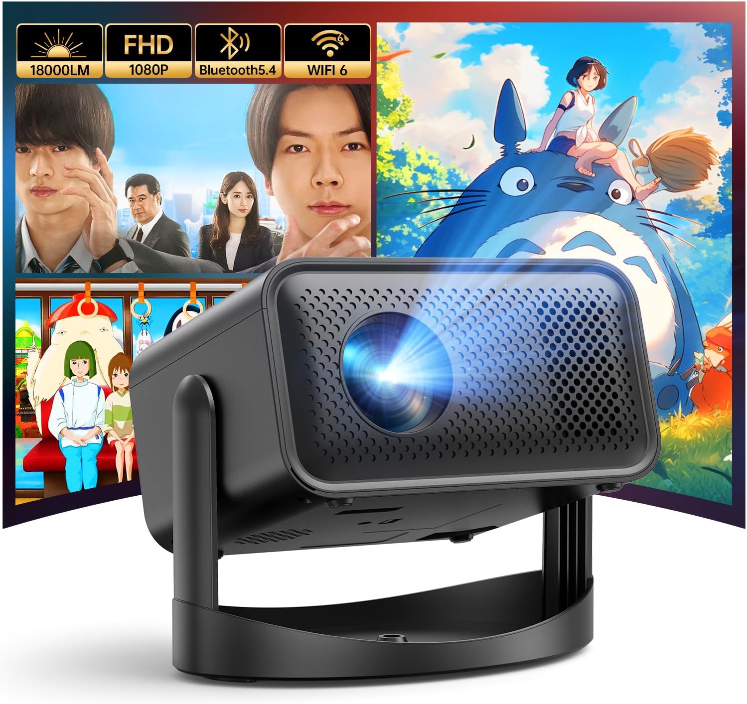 プロジェクター 家庭用 Bluetooth5.4 WIFI6 360°回転 18000LM 1080P 4K