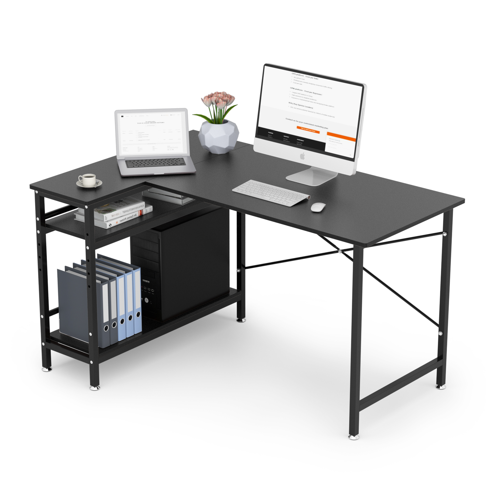 L字型デスク 収納ラック付き 幅130 モニタアーム対応 左右入替 棚調整