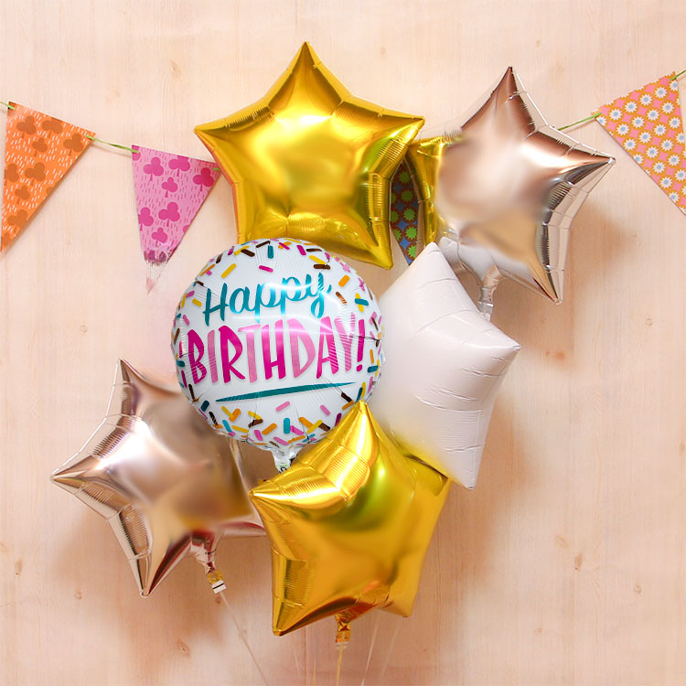 バルーン電報 5つのスターの浮き型バルーン・バルーンブーケ（ゴールド