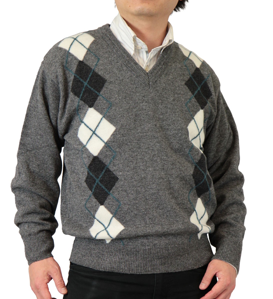 セーター V首 アーガイル柄 カシミヤ5%ナイロン25%毛70% 日本製 10