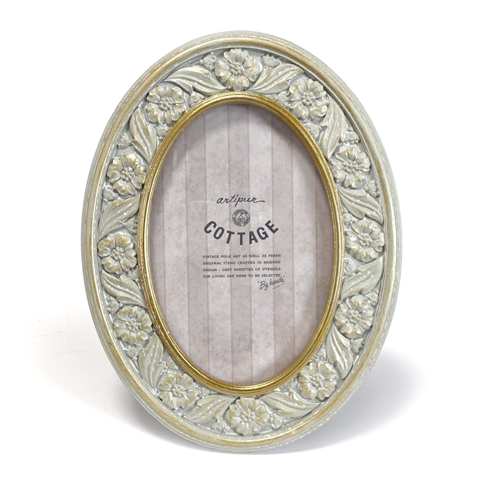 アンティーク フォトフレーム オーバル リース グレー 壁掛け 写真立て