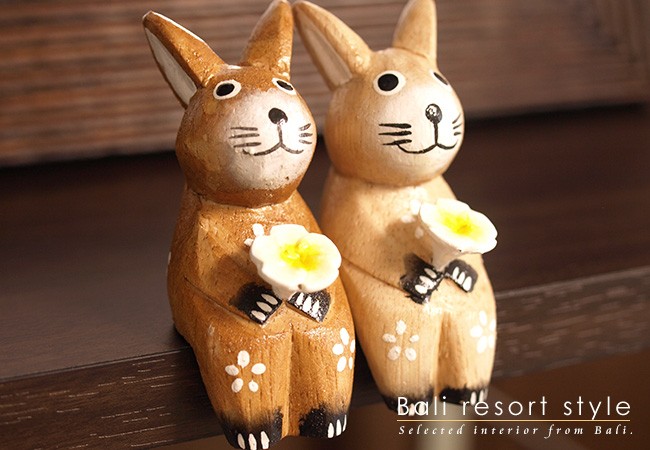 木彫り ウサギS カップル うさぎ グッズ 置物 かわいい 木製 オブジェ