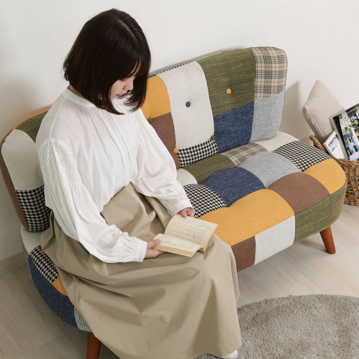 不二貿易（Fuji Boeki） ソファ 幅123cm 二人掛け 2人用 ボタン パッチ