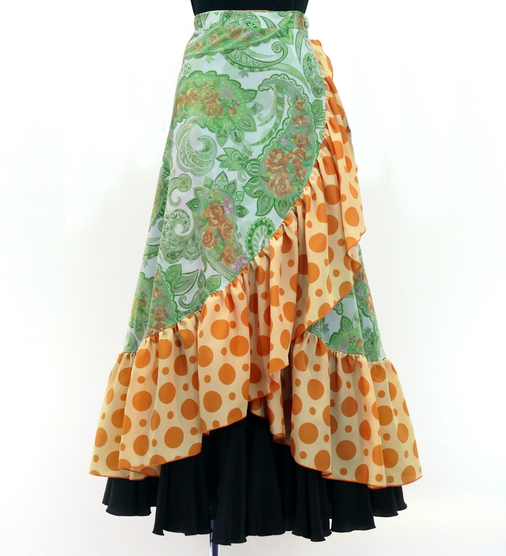 フラメンコ 巻きスカート ローズ×水玉 グリーン×オレンジ Fサイズ FMS