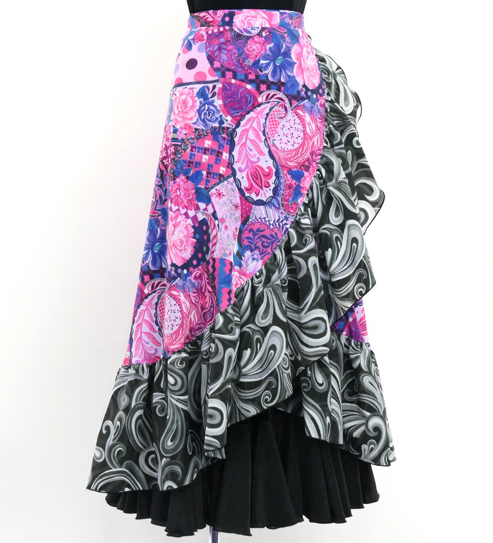 フラメンコ 巻きスカート パッチワーク柄×ペイズリー ネイビー×ピンク