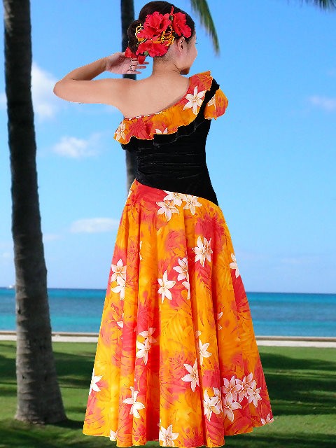 フラダンス ワンショルダー ベルベット斜め切り替え ドレス オレンジ F