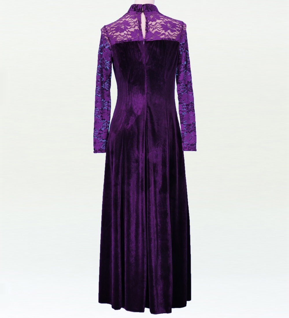 フラダンス レースベルベットロング丈 ドレス パープル Lサイズ