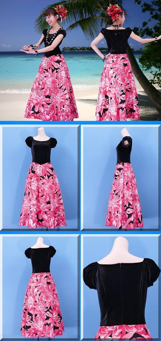 フラダンス ベロア×ハワイアンファブリックドレス レッド LLサイズ