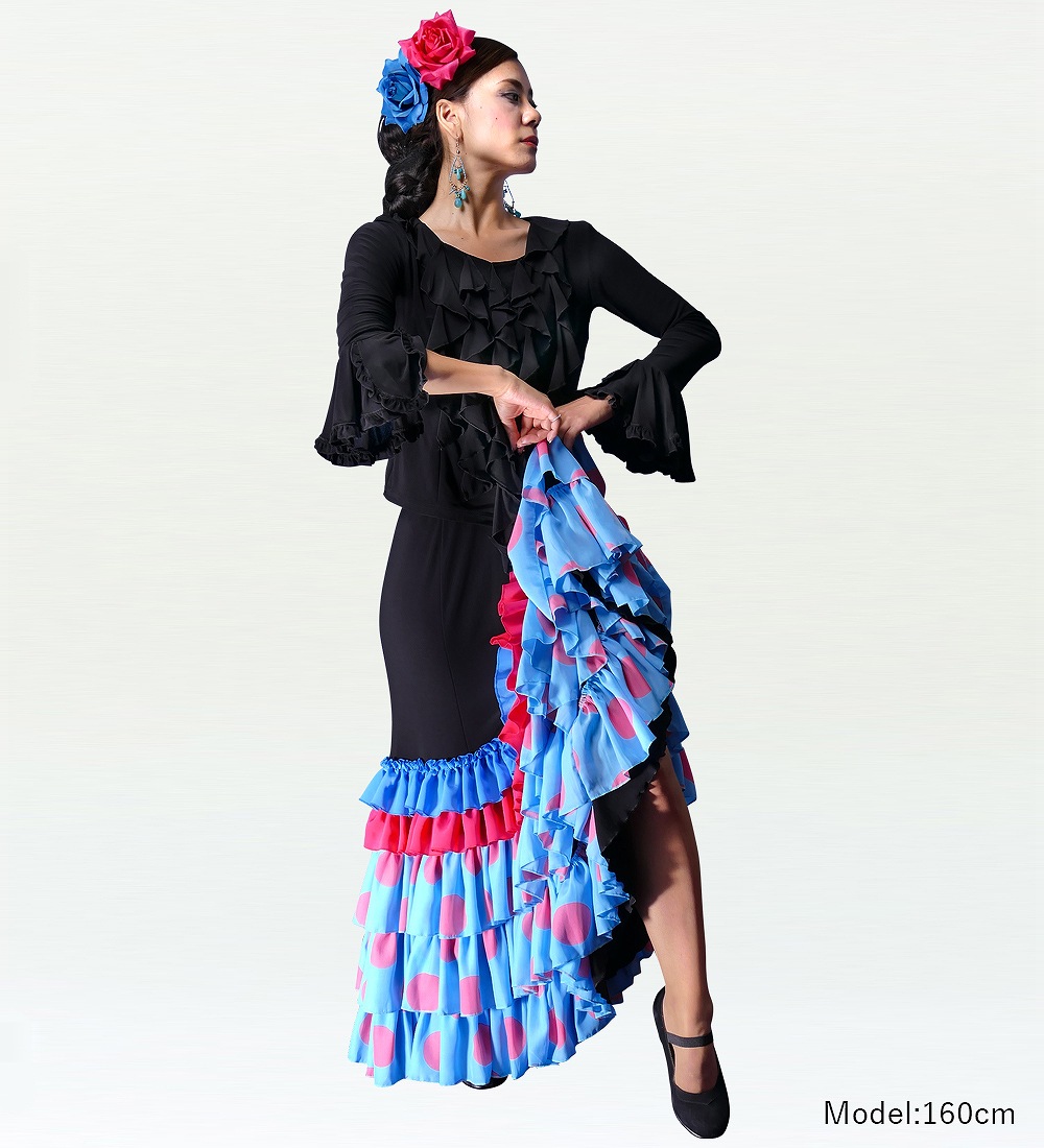 フラメンコ 水玉 フリル セミマーメイド ファルダ スカート ブルー