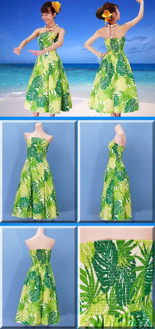 フラダンスムームー ストラップレス ミディ丈ドレス グリーン Fサイズ