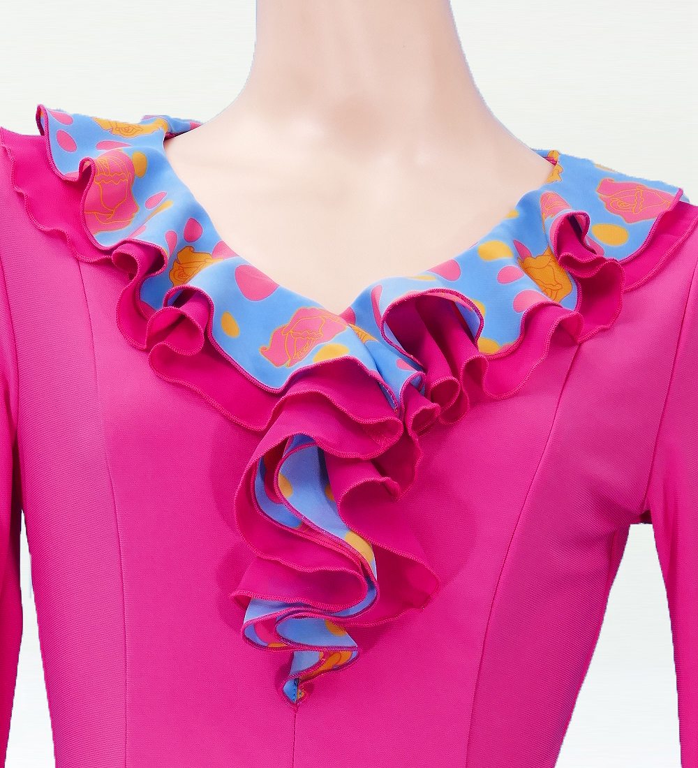 フラメンコ ローズ&水玉 フリル ブラウス ピンク×ブルー フリーサイズ