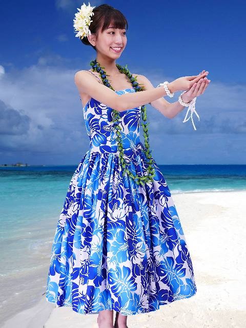 フラダンス ムームー ハイビスカス ミディ丈 ブルー Fサイズ 2378blF