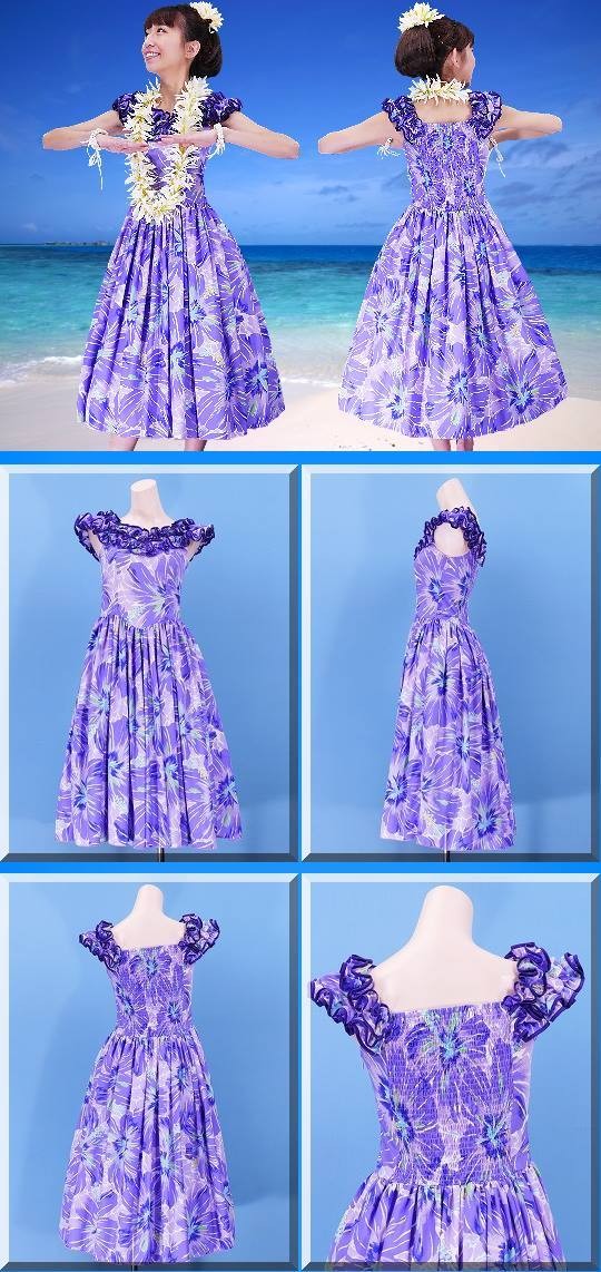 フラダンス ムームー フリル ミディ丈ドレス パープル LLサイズ