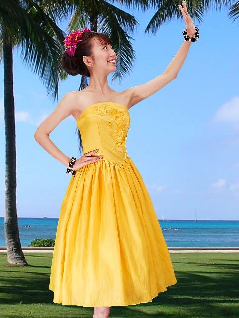 フラダンス ムームー 刺繍バックサテン ミディ丈ドレス イエロー F