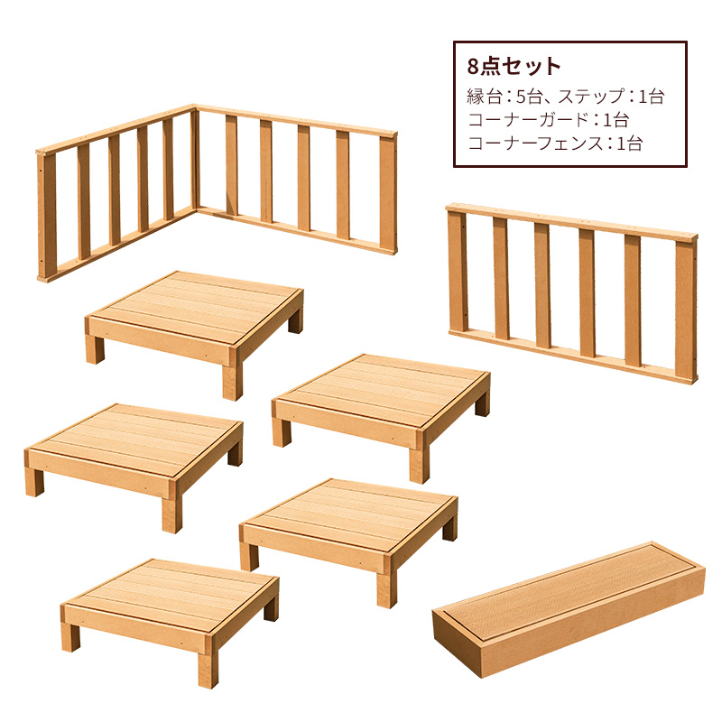 MINT ウッドデッキ 8点セット 人工木 デッキ 縁台 フェンス ステップ