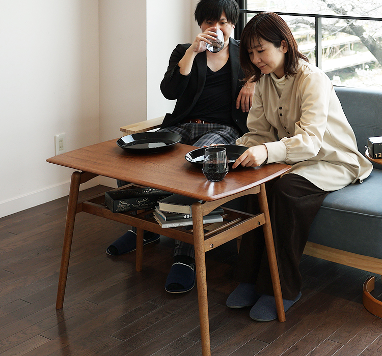 ソファテーブル 高さ60cm 収納付き 幅90 奥行45 木製 天然木