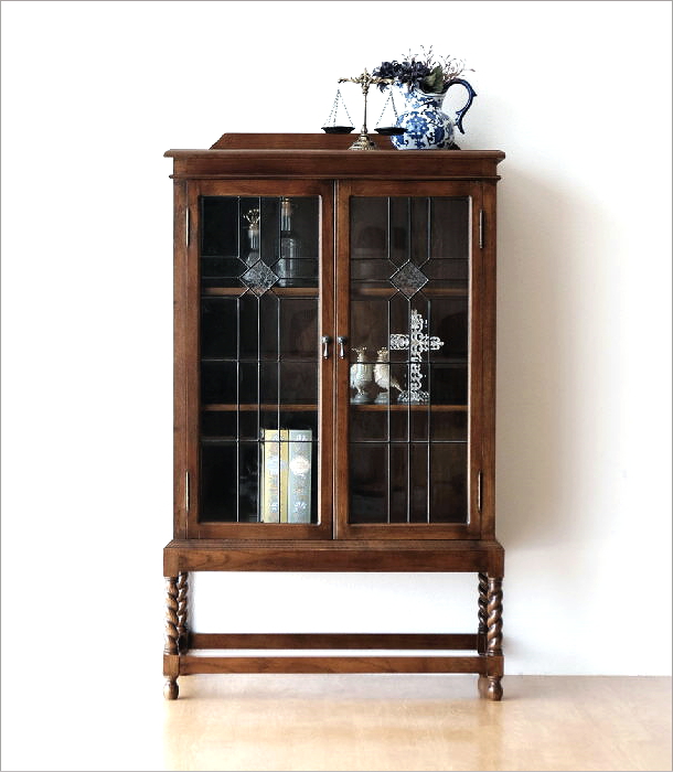 ガラスキャビネット 食器棚 飾り棚 天然木 オーク無垢材 アンティーク