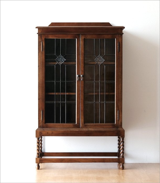 ガラスキャビネット 食器棚 飾り棚 天然木 オーク無垢材 アンティーク