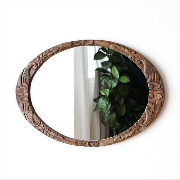 鏡 壁掛け 木製 ミラー 高さ70cm 楕円 彫刻 洗面 ウォールミラー 姿見