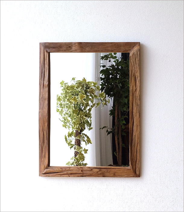 壁掛けミラー おしゃれ チーク 木製 古木 天然木 ウォールミラー