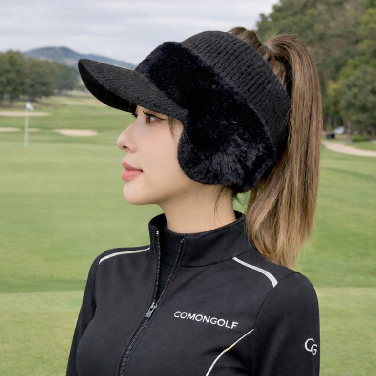 ゴルフ 帽子 秋冬 ニット帽 キャップ 耳当て 裏フリース サンバイザー