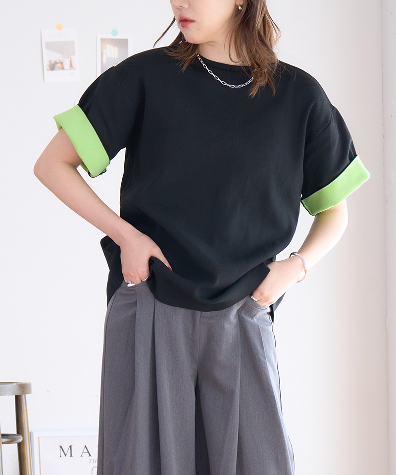 バイカラーニット レディース半袖ニット 袖配色ニット 半袖 袖口 配色