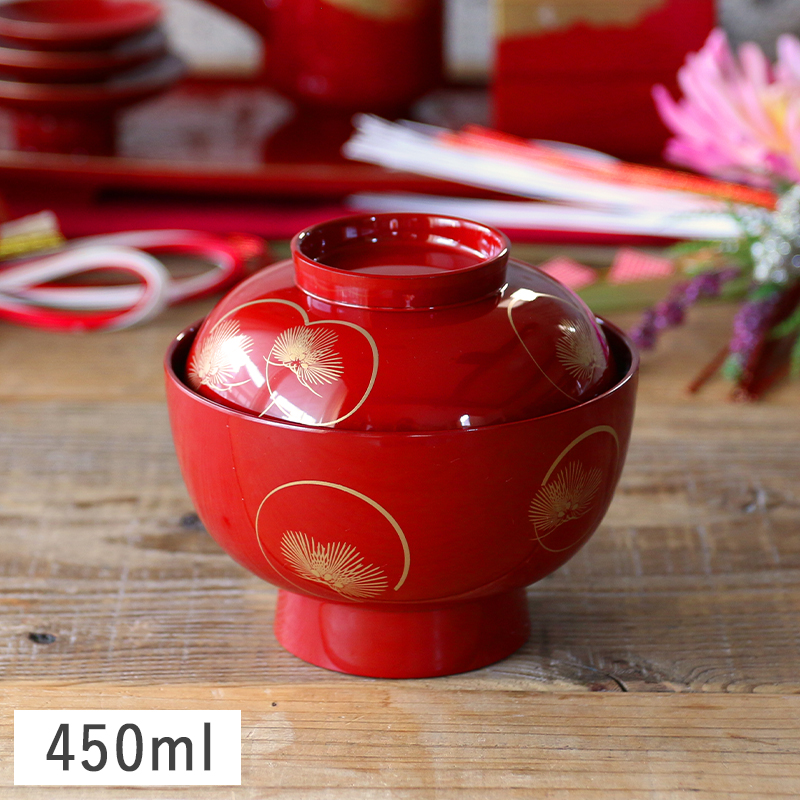 光輪松 ふた付き 高台 雑煮椀 13.5cm (総朱 レッド) 漆器 山中塗