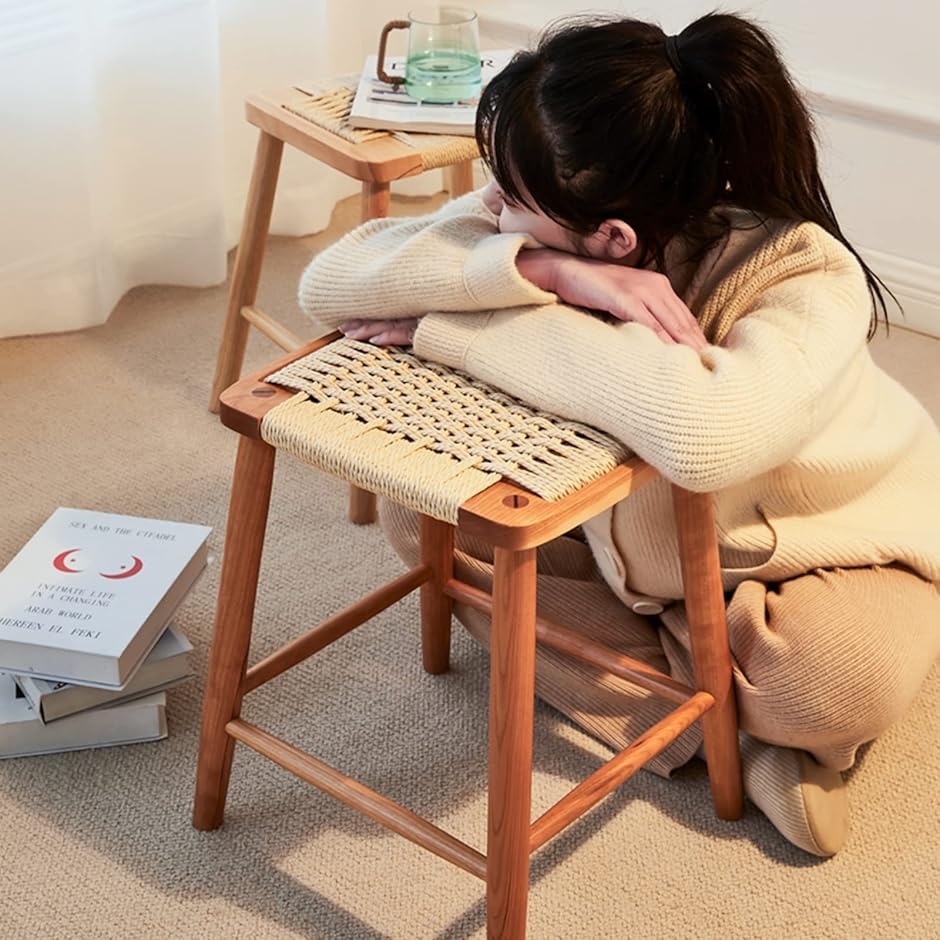 スツール 木製 四角 アメリカチェリー 天然木 ラタン 籐 無垢材 チェア