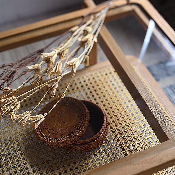 ガラス センターテーブル 幅100cm 完成品 ラタン チーク カゴメ網み 籐