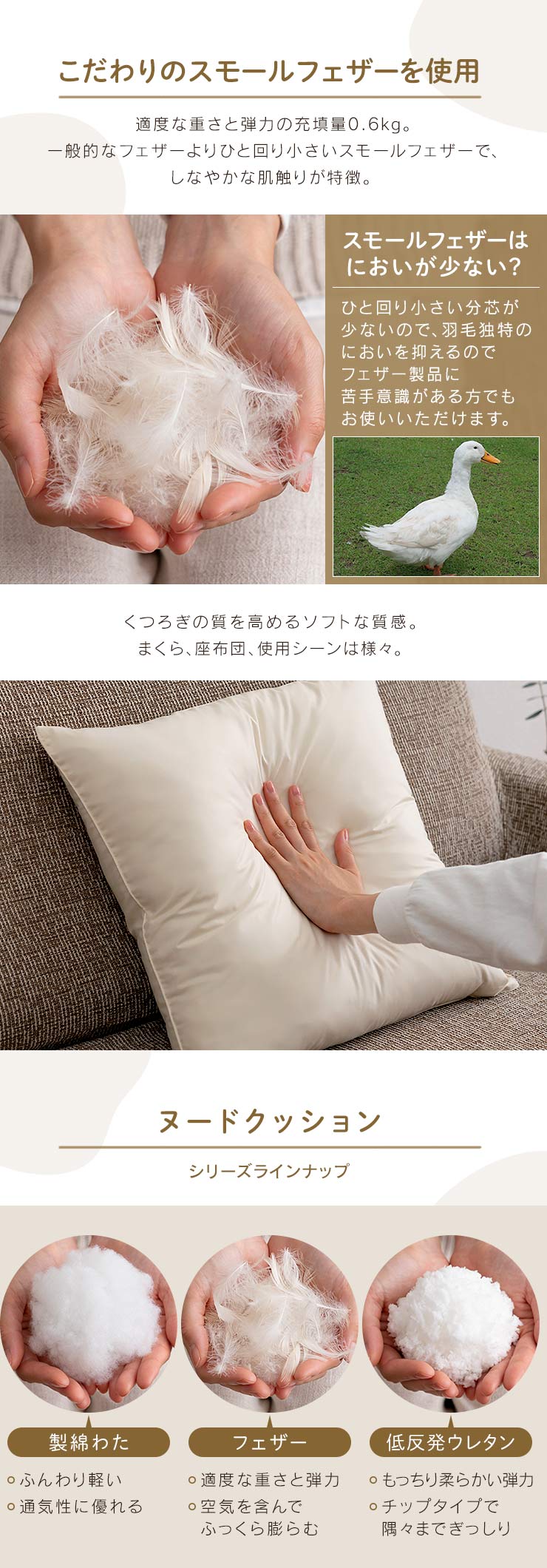 クッション ヌードクッション 2個入り 背当て 肉厚 フェザー ホワイト