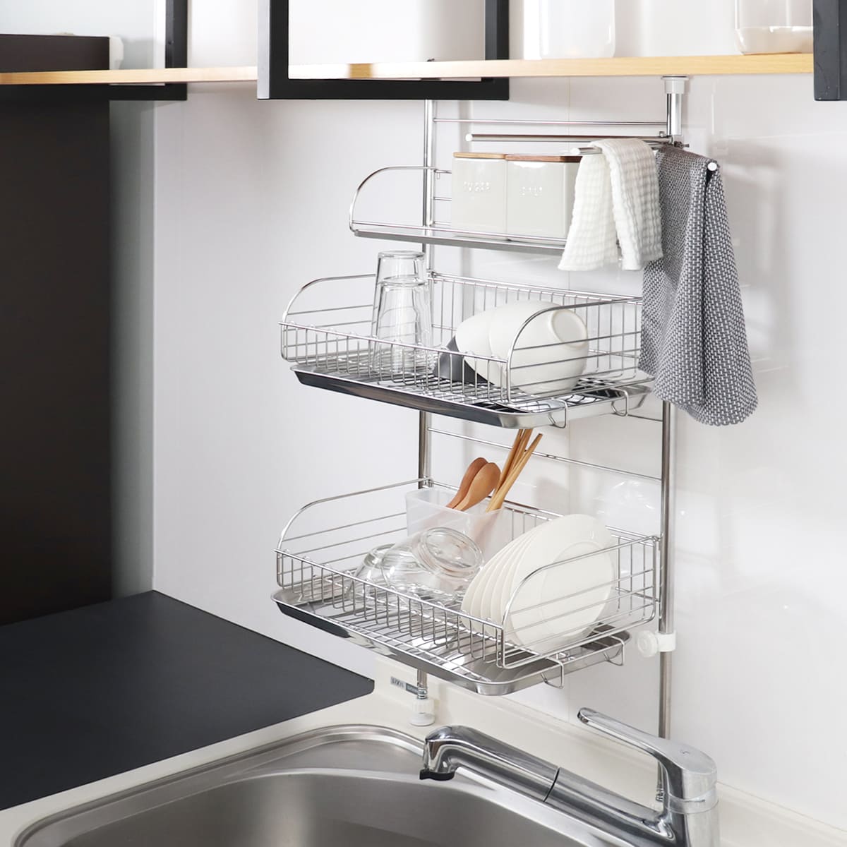 ヨシカワ 水切りラック バスケットが外せる突っ張り水切り