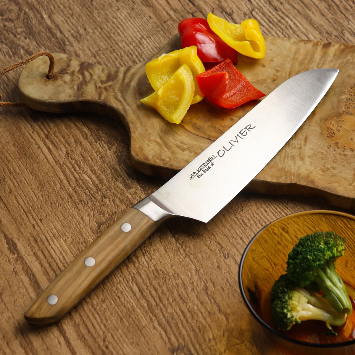 包丁 三徳包丁 刃渡り17cm 木柄 日本製 バイアキッチン OLIVIER （ 17