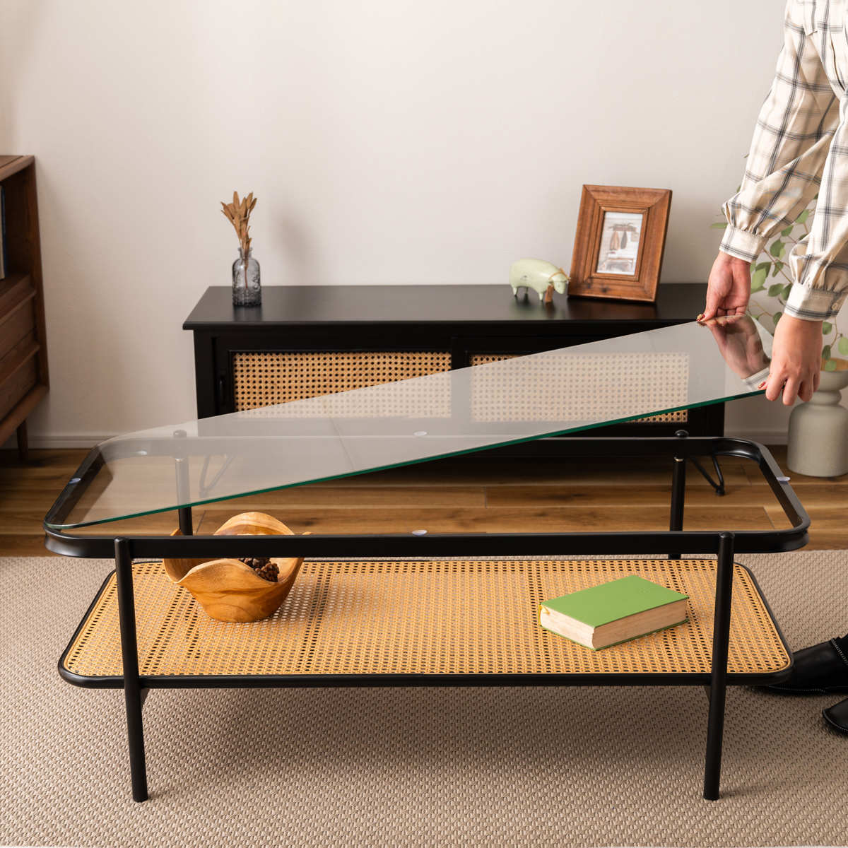 東谷 リビングテーブル 幅110cm ガラス天板 ラタン調ラック （ ロー