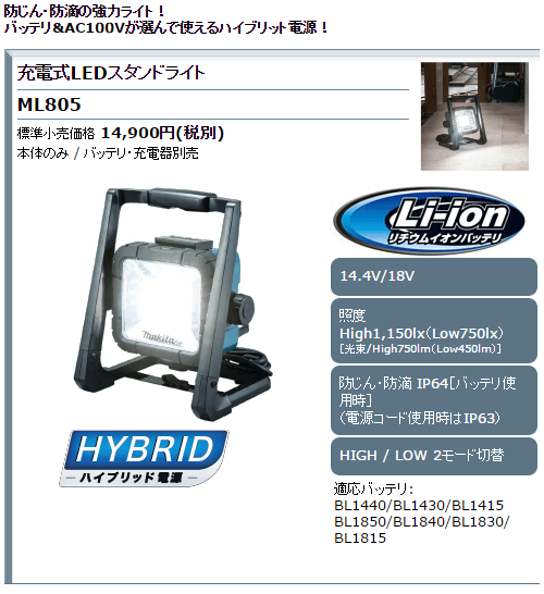 マキタ（makita） 充電式LEDスタンドライト ML805 14.4V/18V 本体のみ