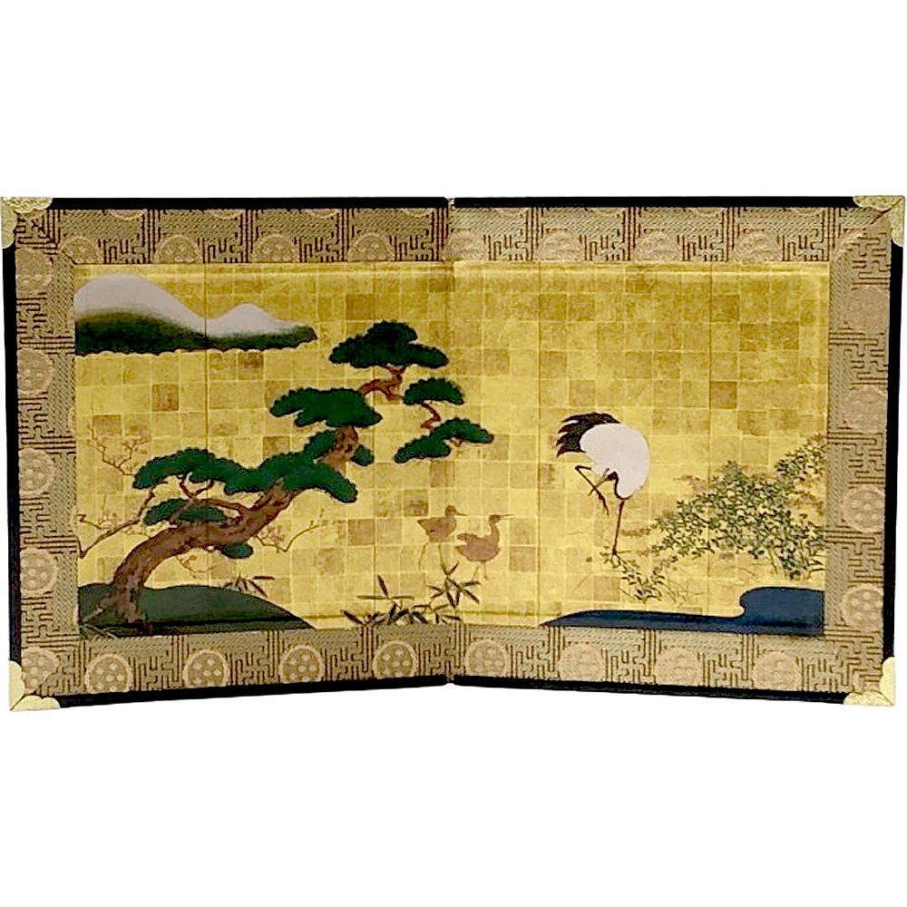 ミニ屏風 松に鶴 小 二曲一双屏風 和風 インテリア屏風 縁起物 長寿