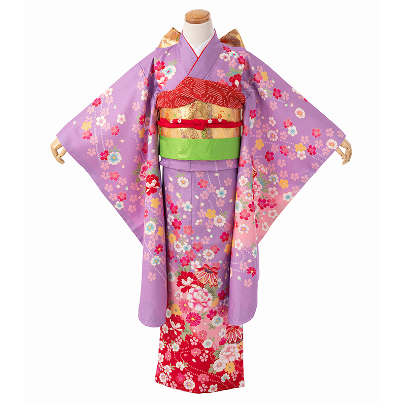 七五三 着物 四つ身 セット 女の子 7歳 7才 絵羽 結び帯 薄緑 赤 水色