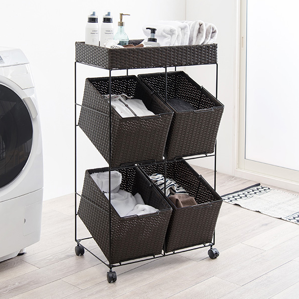 要組立 ランドリーラック 幅56 カゴ バスケット 4個 2段 ラタン調 棚付