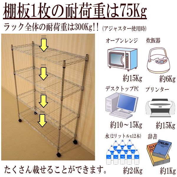 スチールラック キャスター付き シェルフ 4段 幅90cm 幅90 奥行き35 高