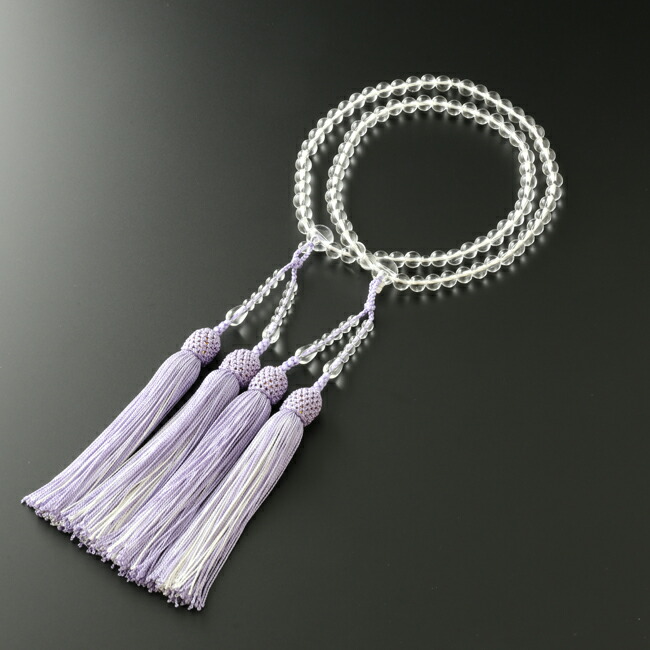 京仏壇はやし 数珠 女性用 二連 八宗用 本水晶 2色房(藤色・白) 念珠袋