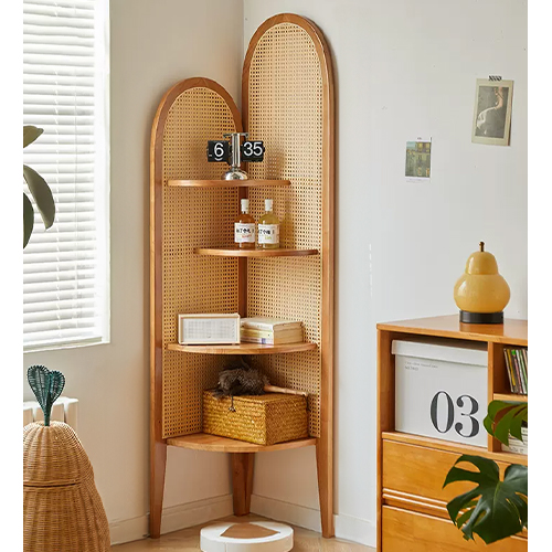 期間限定セール☆コーナーラック 木製 ラタン調 スリム 天然木