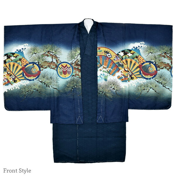 七五三 着物 男の子 5歳 羽織袴セット 「紺 兜に片輪車」 フルセット 5
